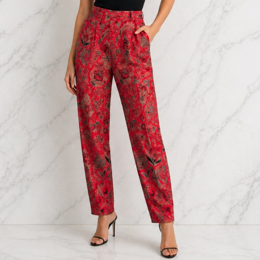 Carlisle Collection Christy Red Paisley Silk Blend Pants 6 Old Money